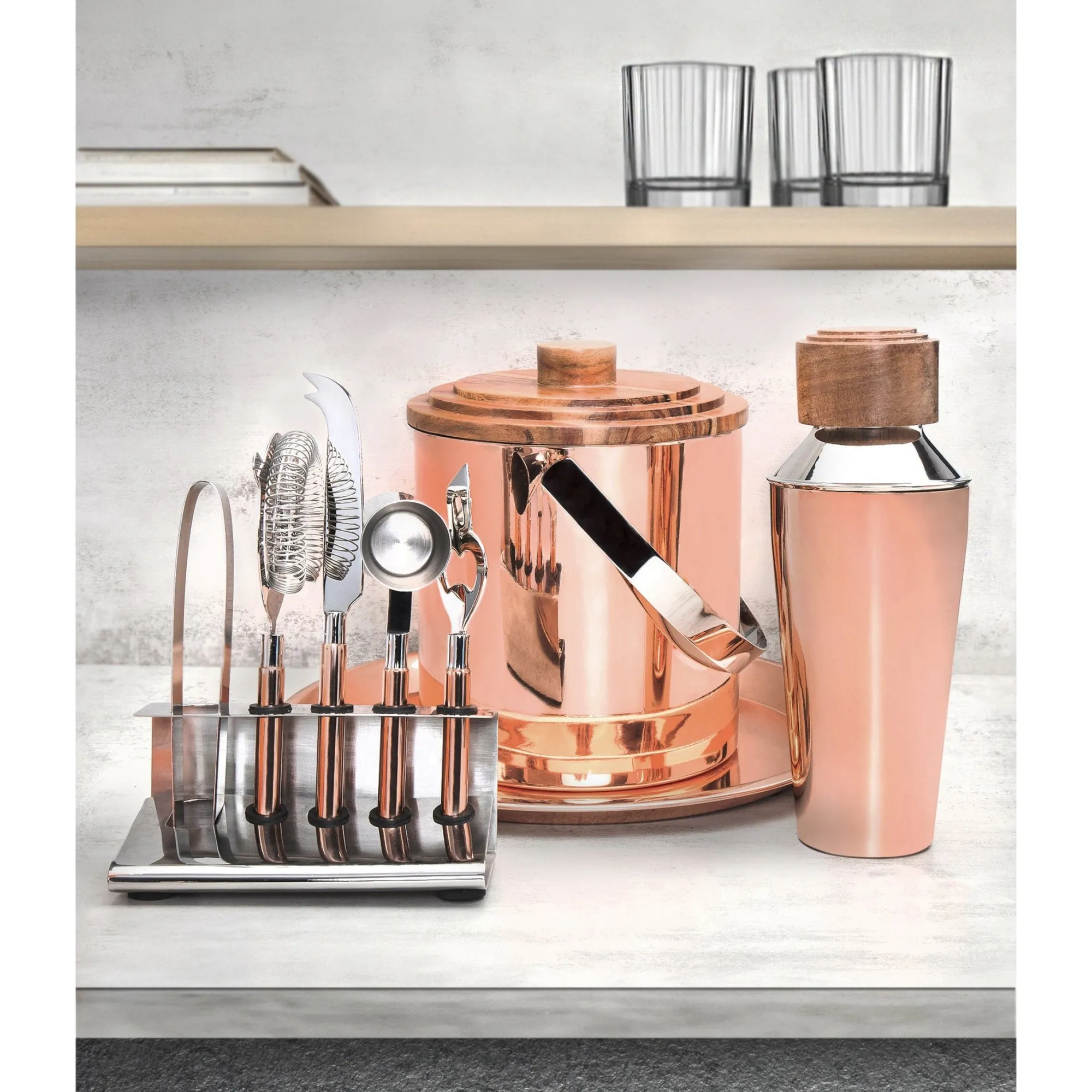 Best Godinger Acacia Wood & Copper 9 Piece Bar Tool Set