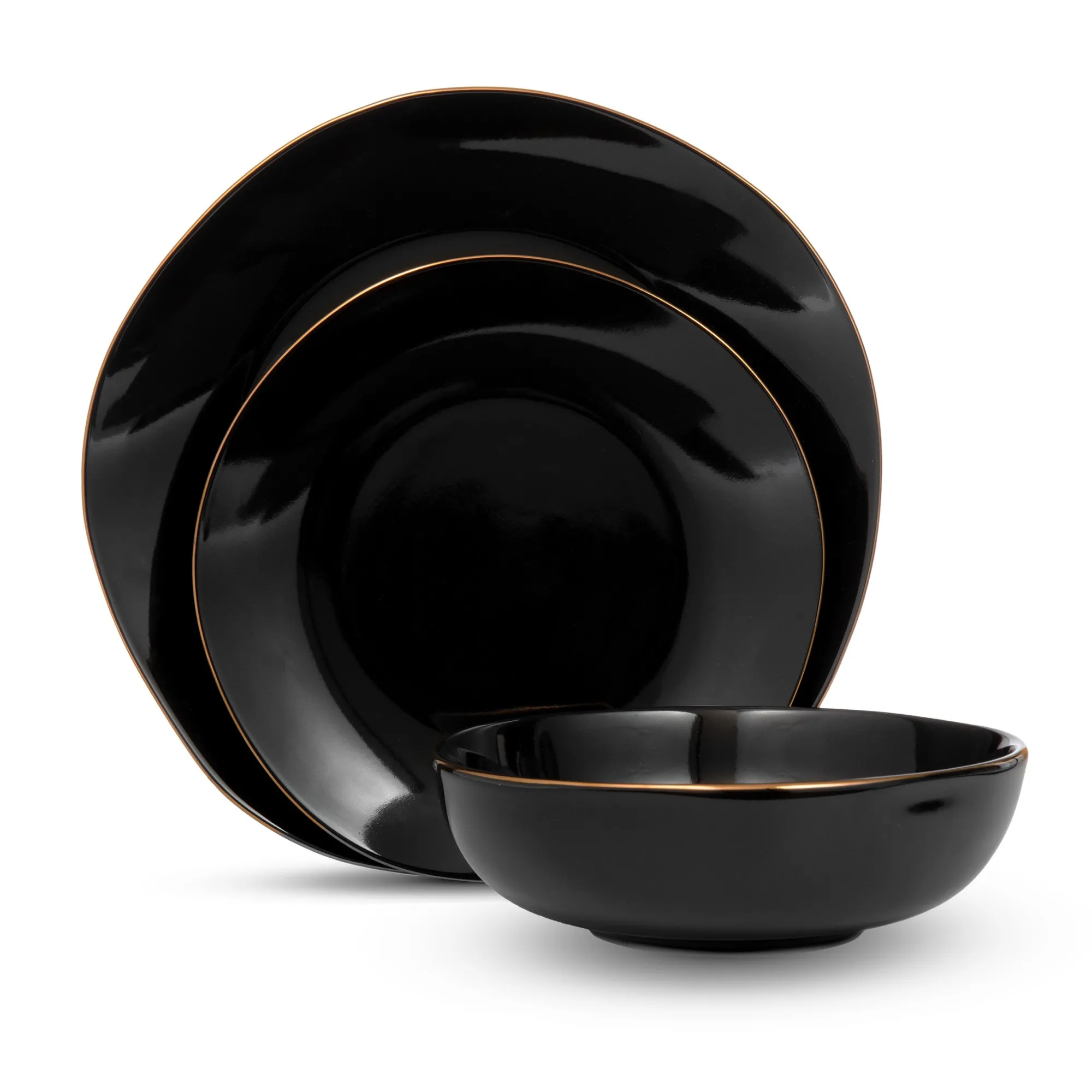 Clearance Godinger Andover Black 12 Piece Gold Rim Dinnerware Set, Service For 4