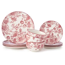 Godinger Banbury Crimson Porcelain 12 Piece Dinnerware Set, Service For 4