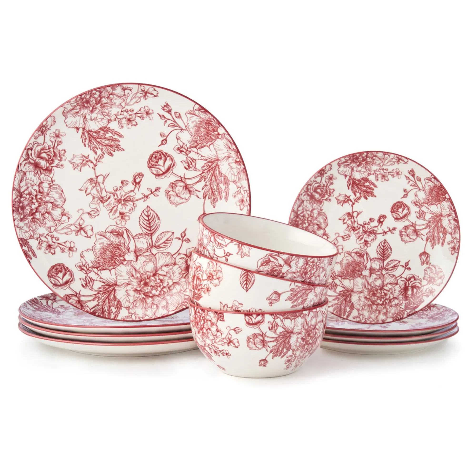 Godinger Banbury Crimson Porcelain 12 Piece Dinnerware Set, Service For 4