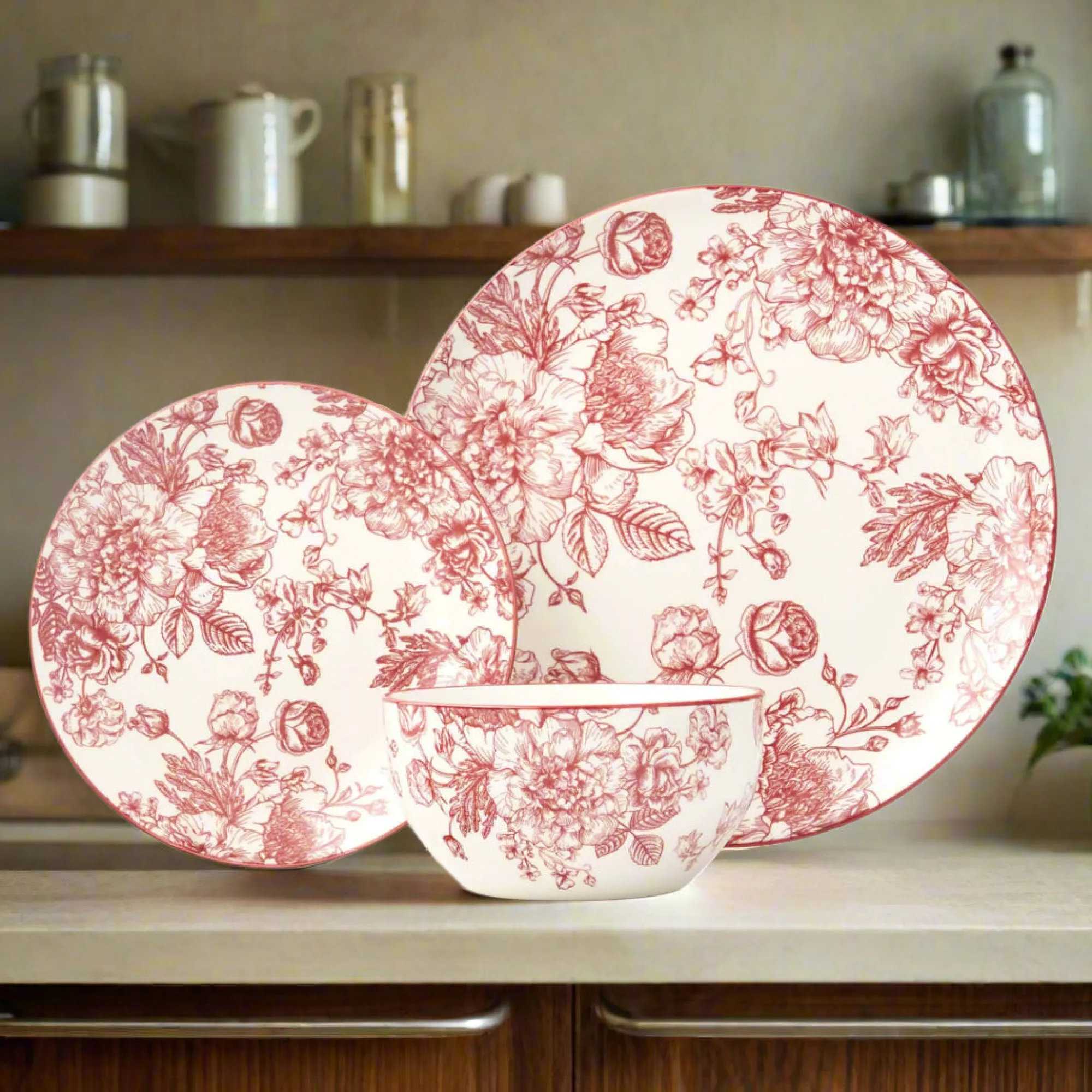 Godinger Banbury Crimson Porcelain 12 Piece Dinnerware Set, Service For 4
