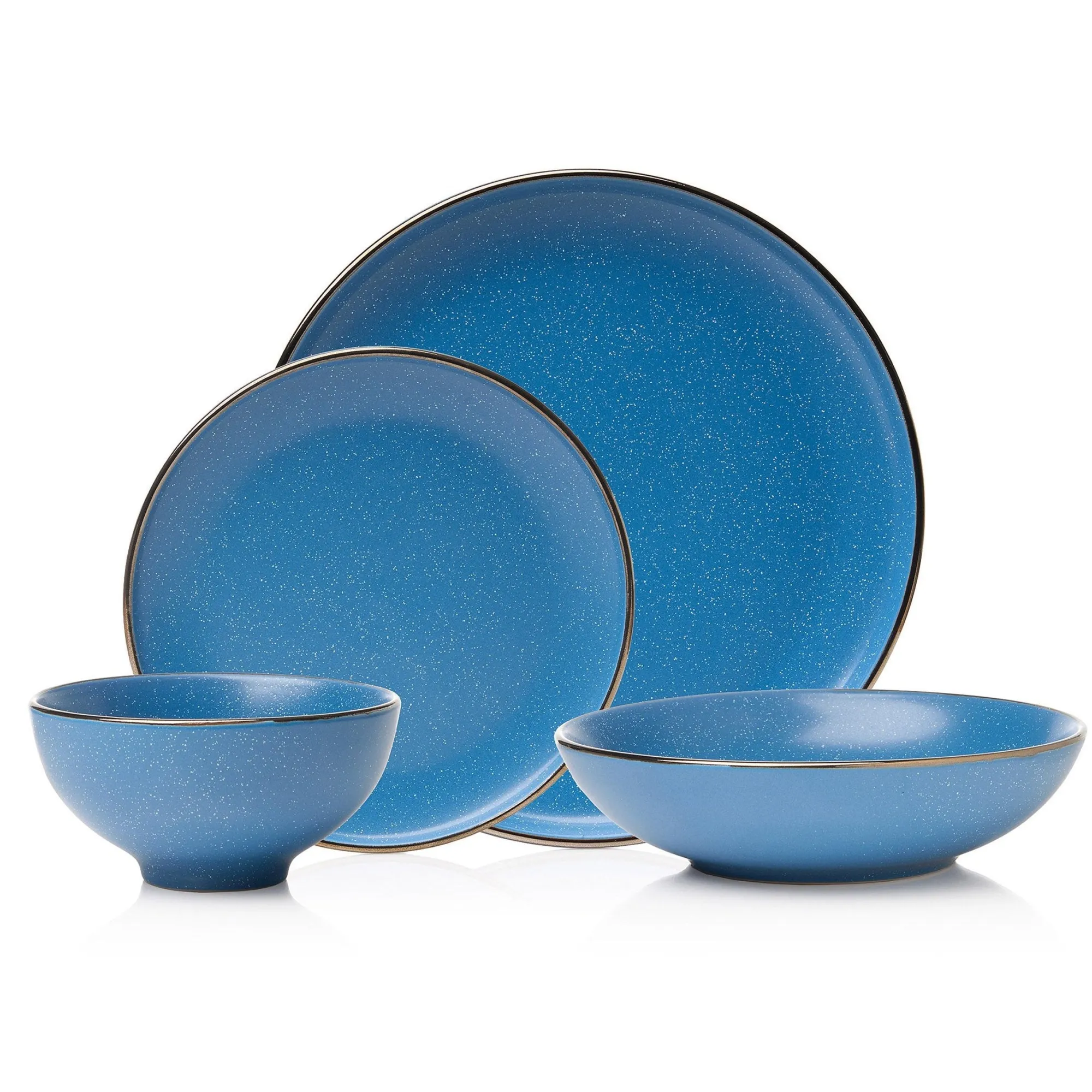 Clearance Godinger Beaumont Blue Stoneware Gold Rim 16 Piece Dinnerware Set, Service for 4