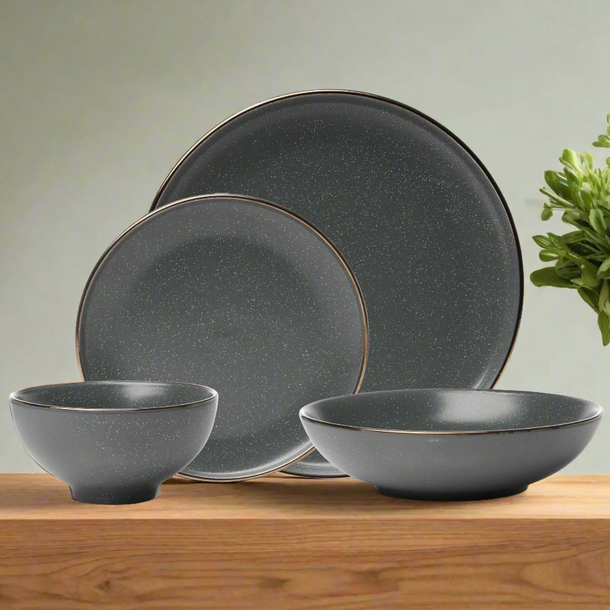 Godinger Beaumont Grey Gold Rim 16 Piece Dinnerware Set, Service for 4