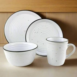 New Godinger Bistro Black Rim Stoneware 16 Piece Dinnerware Set, Service For 4