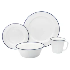 New Godinger Bistro Blue Rim Porcelain 16 Piece Dinnerware Set, Service For 4