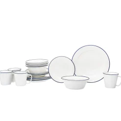 New Godinger Bistro Blue Rim Porcelain 16 Piece Dinnerware Set, Service For 4