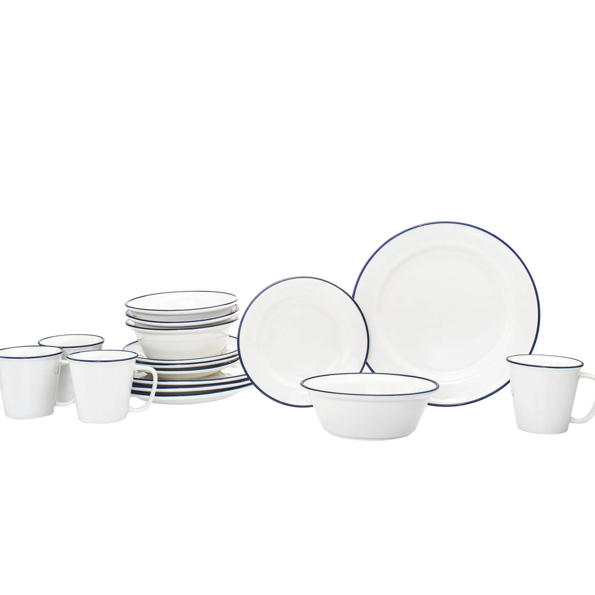 New Godinger Bistro Blue Rim Porcelain 16 Piece Dinnerware Set, Service For 4