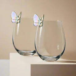 Godinger Butterfly Iridescent Stemless Wine, Set of 2