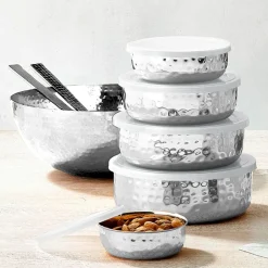 New Godinger Hammered Stainless 5 Piece Storage Bowl Set