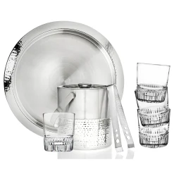 New Godinger Hammered Stainless Steel 7 Piece Bar Tool Set with Double Old Fashion Set