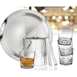New Godinger Hammered Stainless Steel 7 Piece Bar Tool Set with Double Old Fashion Set