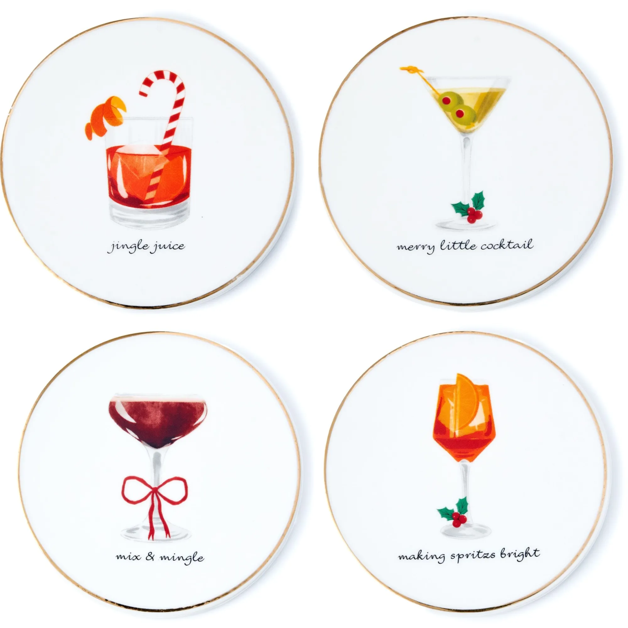 New Godinger Holiday Cheers Gold Rim Coaster Set