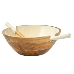 Hot Godinger Huck Wood & Enamel Salad Bowl with Servers