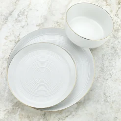 Godinger Linear Porcelain Gold Rim 12 Piece Dinnerware Set, Service For 4