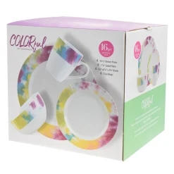 Clearance Godinger Tie Dye Multicolor Porcelain 16 Piece Dinnerware Set, Service For 4